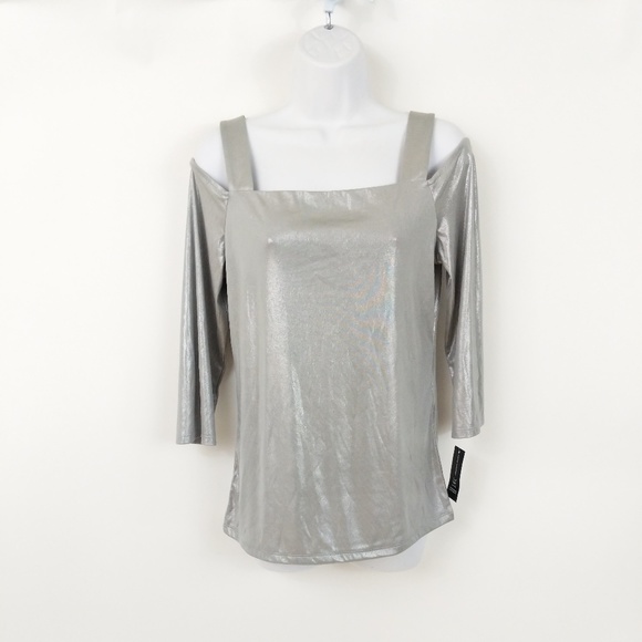 INC Silver Stretch Cold Shoulder Top - Picture 2 of 4